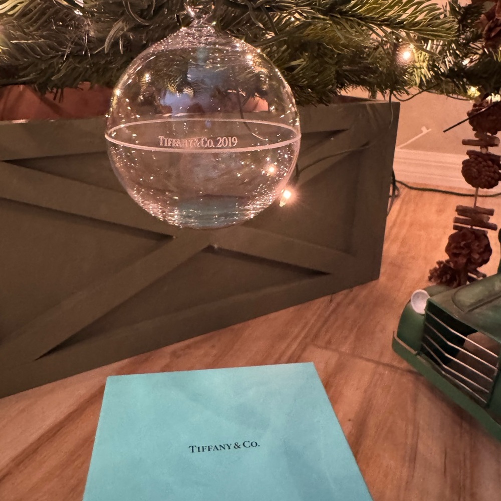 Tiffany & Co. Clear Glass Ornament with Blue Ribbon